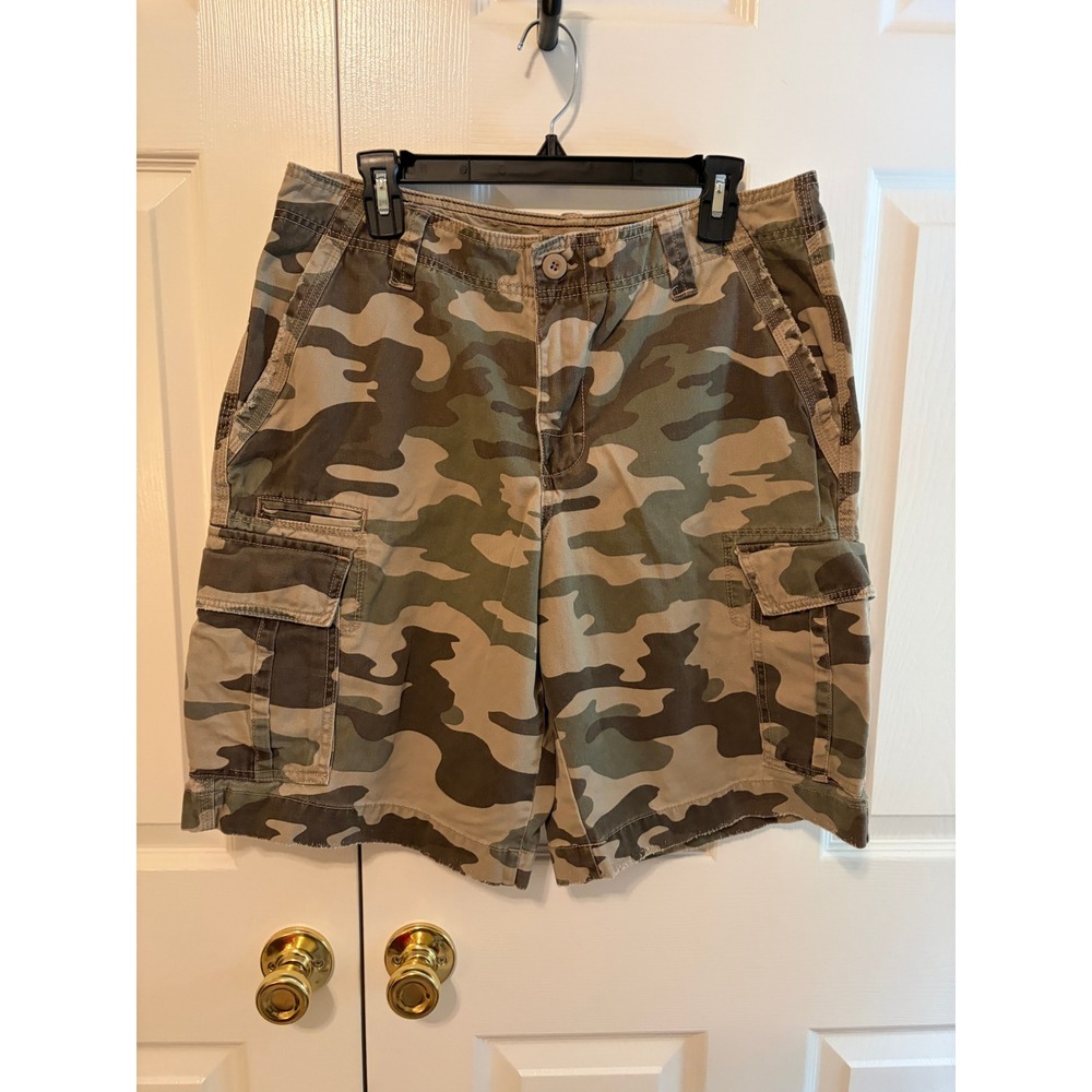 Roebuck & Co Mens Camo Cargo Shorts Green Brown Cotton 34 Woodland Camouflage